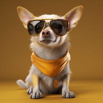 background dog collar student white chihuahua canine smart cool animal little fashion pet glasses clever wear puppy yellow concept cute portrait. Generative AI.