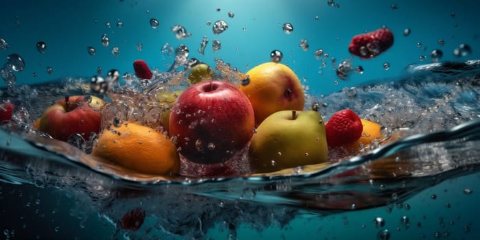 yellow fruit water red green splash splashing kiwi agriculture concept food health lemon fresh healthy black drop background vitamin strawberry liquid. Generative AI.