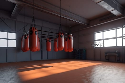 Bright boxing room with punching bags, no people. Generative Ai. High quality illustration