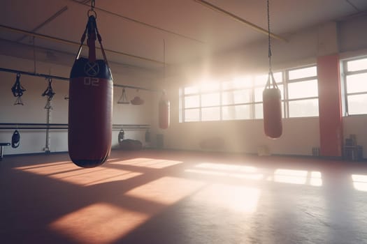 Bright boxing room with punching bags, no people. Generative Ai. High quality illustration