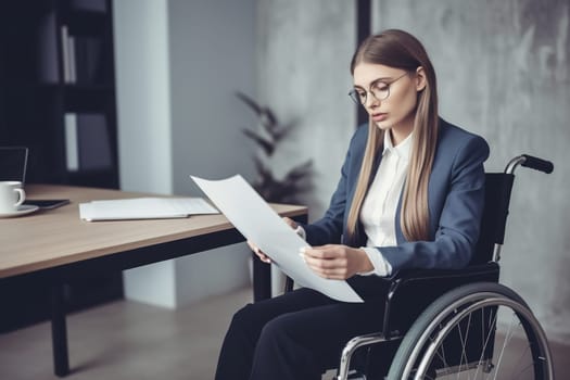 A young woman in a wheelchair working with documents in her office. Generative AI. High quality photo
