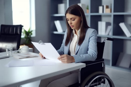 A young woman in a wheelchair working with documents in her office. Generative AI. High quality photo