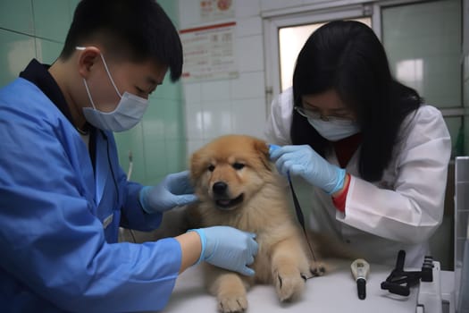The doctor gives an injection to a small dog in a veterinary clinic. Generative AI. High quality illustration