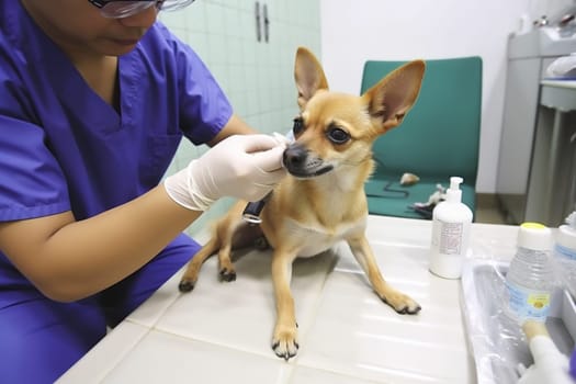 The doctor gives an injection to a small dog in a veterinary clinic. Generative AI. High quality illustration