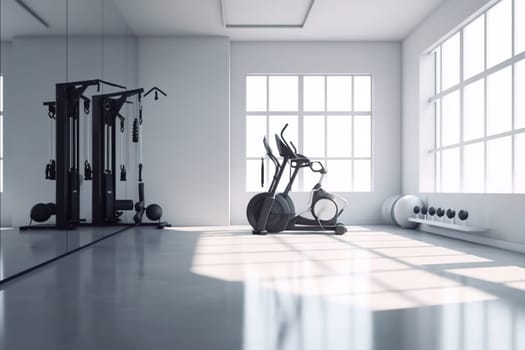 Empty gym with exercise equipment and large windows. Generative AI. High quality illustration