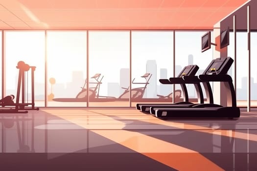 Empty gym with exercise equipment and large windows. Generative AI. High quality illustration