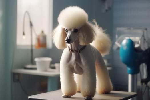 Light poodle in a beauty salon for animals. Generative AI. High quality illustration