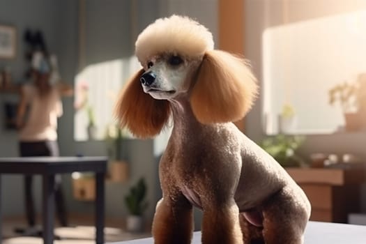 Light poodle in a beauty salon for animals. Generative AI. High quality illustration