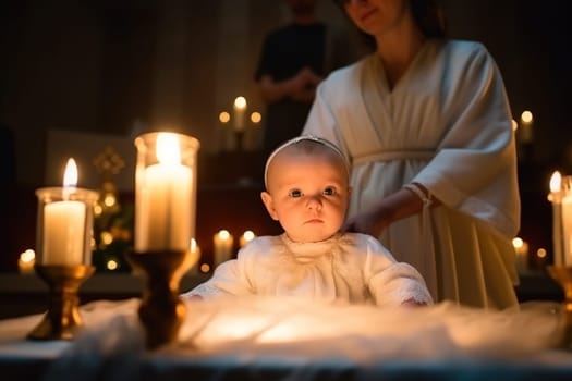 Mother and child in church, baptism by candlelight. Generative Ai. High quality illustration