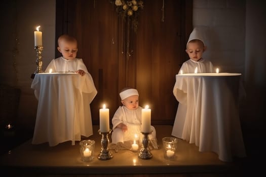 Children in white clothes for baptism in church by candlelight. Generative Ai. High quality illustration