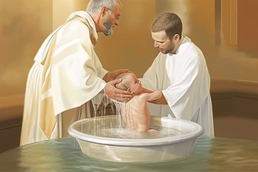 The priest baptizes the baby in the temple, dipping him into the font. Generative AI. High quality illustration