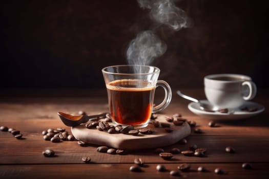 espresso coffee aroma wood bean cup smoke mug breakfast roasted foam dark grain cafe closeup morning brown rustic drink close. Generative AI.