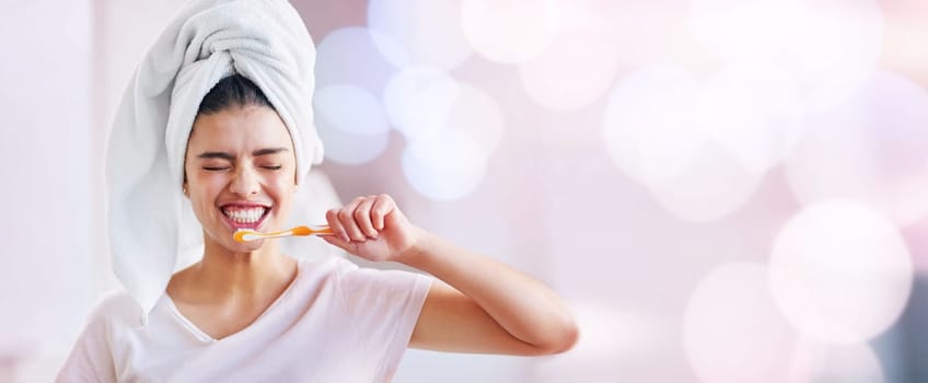 Toothbrush, woman and cleaning teeth on banner, bokeh background and mockup space of dental wellness. Happy girl brush mouth for mint breath, cosmetics and beauty of skincare, shower and mock up face.