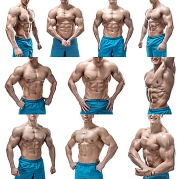 Strong Athletic Man showing muscular body and sixpack abs isolated on white background. collage of photo
