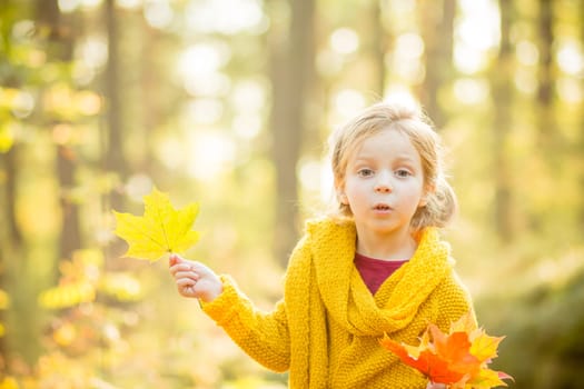 Young happy and smiling mom with her little daughter in arms hugging and kissing spending a weekend on a walk in autumn park.