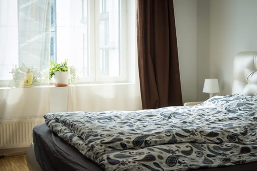Bright bedroom interior with wide bed. interior apartment, loft furnished, bedroom.comfortable modular lounge suite. Modern interior houseplant, house plant