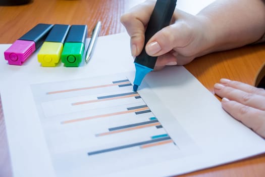 Businessman putting his ideas on white board during a presentation in conference room. Focus in hands with marker pen writing in flipchart. Close up of hand with marker and white board