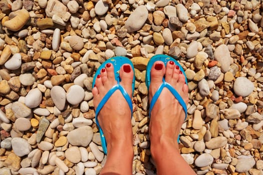 Low section of woman wearing slippers while standing on board walk