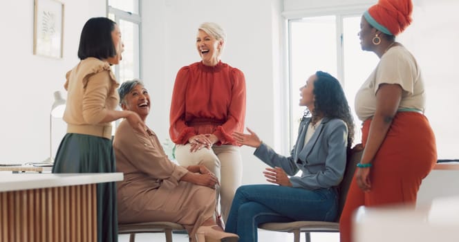 Business women, diversity and conversation with collaboration and business meeting with team in workplace. Business people, talking and listening with teamwork, communication and team building.