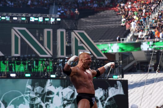 Santa Clara, California - March 29, 2015:  At Wrestlemania 31, Triple H stood atop the turnbuckles and flexed his iconic muscles, looking out into the roaring crowd before his match at Levi's Stadium in Santa Clara, California on March 29, 2015. His impressive physique and intense gaze showed that he was ready to give his all in the ring and entertain the thousands of fans in attendance. The energy in the stadium was electric as the WWE superstar hyped up the crowd before the start of his match.