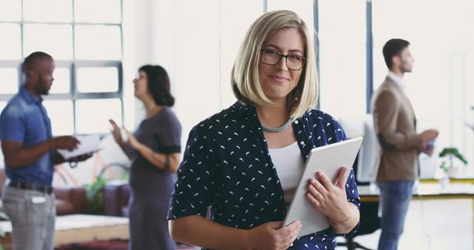 Woman, tablet and portrait of leader in digital marketing for advertising or planning at the office. Female designer with touchscreen and smile for leadership, project management or company goals.