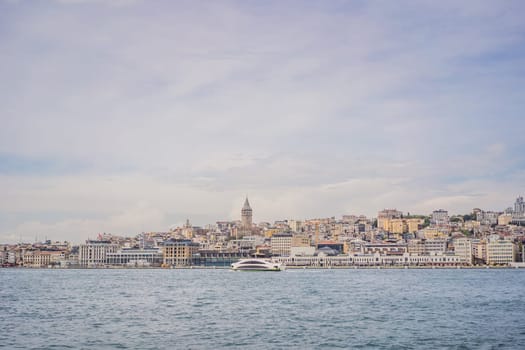 Muslim architecture and water transport in Turkey - Beautiful View touristic landmarks from sea voyage on Bosphorus.