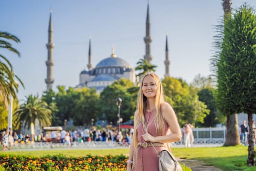 Woman tourist enjoying the view Blue Mosque Sultanahmet Camii Istanbul, Turkey.