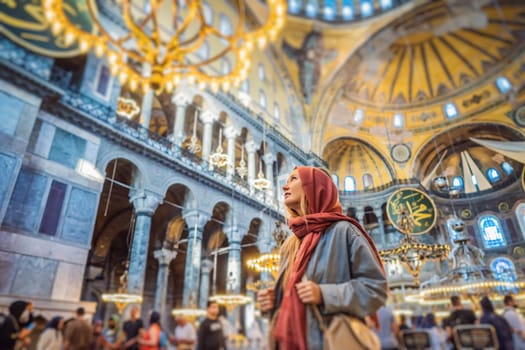 Woman tourist enjoying Hagia Sofia, Ayasofya interior in Istanbul, Turkey, Byzantine architecture, city landmark and architectural world wonder. Turkiye.