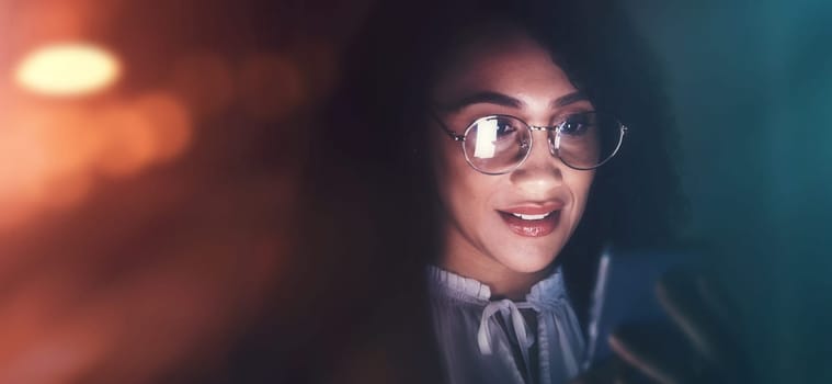 Business, black woman and phone communication at night for contact, typing or networking app. Female employee working late on smartphone, dark bokeh background or glasses to search internet on mockup.