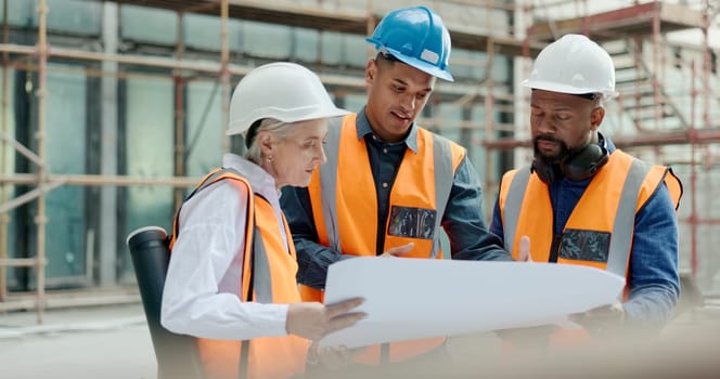 Construction, inspection and clipboard, black man and woman discussion, construction site with scaffolding and building renovation checklist. Contractor with inspector, engineering and communication
