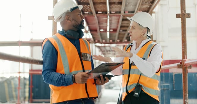 Construction, inspection and clipboard, black man and woman discussion, construction site with scaffolding and building renovation checklist. Contractor with inspector, engineering and communication