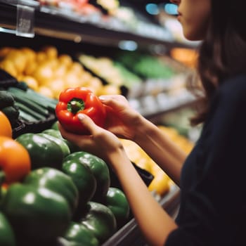 local woman client freshness brunette vegetable market retail store consumer health basket grocery healthy choice organic supermarket food shopping fruit shelf. Generative AI.