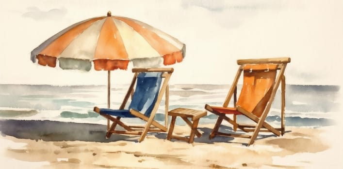 vacation exotic rest chair chair tropical watercolor water background sunny relax seascape paradise lagoon summer sand resort ocean beach beach umbrella holiday. Generative AI.