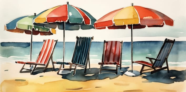 lounge tree watercolor chair exotic sunlight tropical umbrella lounger hot background nature summer ocean rest resort vacation seascape beach caribbean relax. Generative AI.