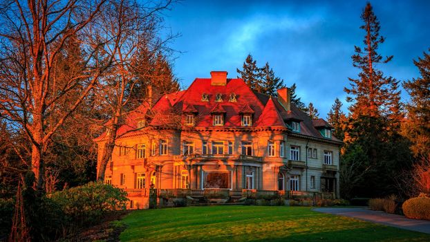 Portland, Oregon, USA - February 7, 2016: Originally built in 1909, Pittock mansion is a French Renaissance-style chateau in the West Hills of Portland, Oregon.