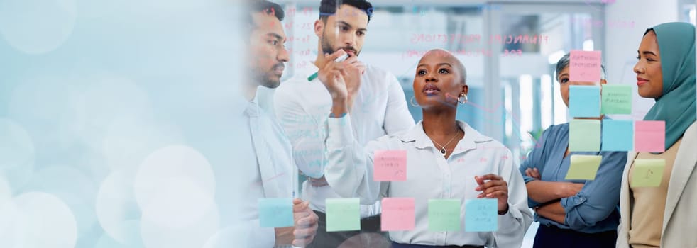 Meeting, collaboration and sticky notes on glass with a business black woman coaching her team in the office. Strategy, teamwork and planning with a creative man and woman employee group at work.