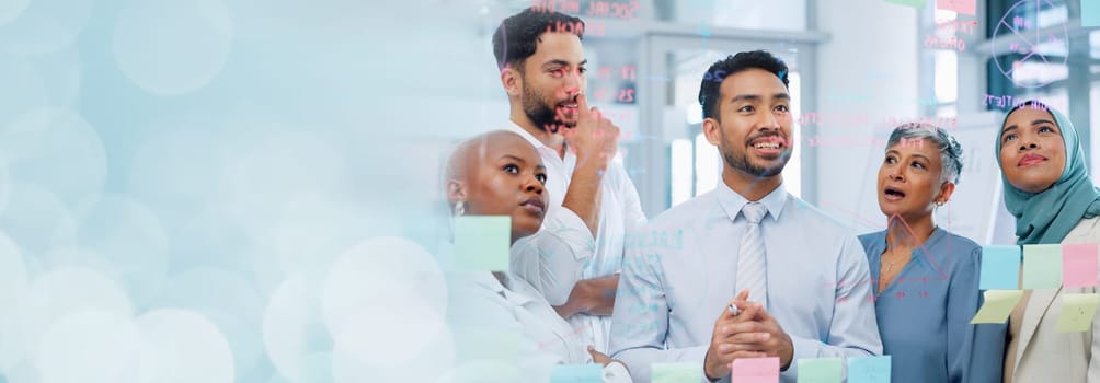 Meeting, collaboration and sticky notes with a business man training a team while planning strategy on glass in an office. Teamwork, diversity and workshop with a man and woman employee group at work.