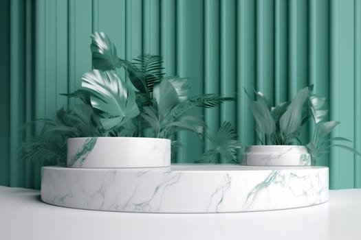 platform abstract product creative design up plant blank green mock leaf presentation space concept podium light scene beauty color branch marble. Generative AI.