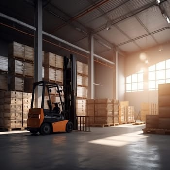 warehouse moving rack storage shipment sun worker handling forklift logistic industry industrial machine distribution delivery transport cargo transportation freight box. Generative AI.