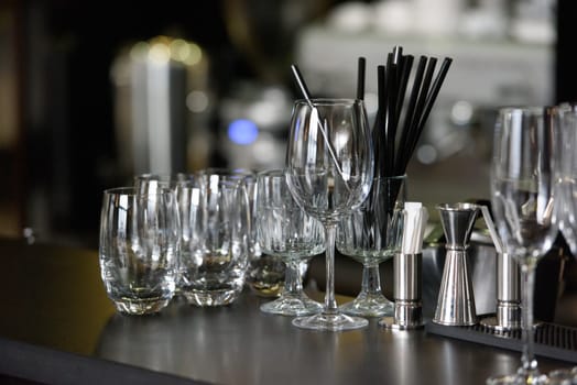 Empty Champagne glasses on a table.