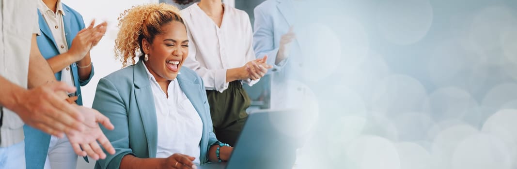 Applause, laptop and winning woman in office success, congratulations and celebration of company target sales. Winner, wow and clapping for worker, employees or people promotion, news or opportunity.