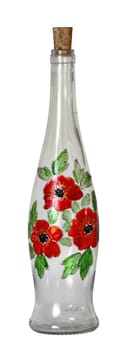 French glass bottle of Provencal style decorated with red poppies, isolated on white background
