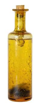 French bottle in yellow bubble glass with a cork stopper isolated on a white background