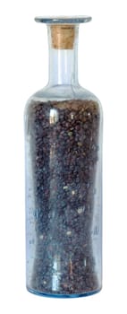 French glass bottle, bubble glass, filled with lentils, isolated on a white background