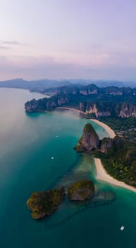 Railay Beach Krabi Thailand during sunset, the tropical beach of Railay Krabi, Panoramic view from a drone of idyllic Railay Beach in Thailand