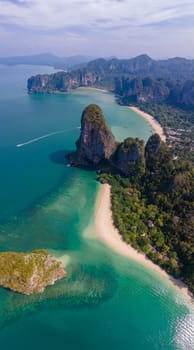 Railay Beach Krabi Thailand during sunset, the tropical beach of Railay Krabi, Panoramic view from a drone of idyllic Railay Beach in Thailand