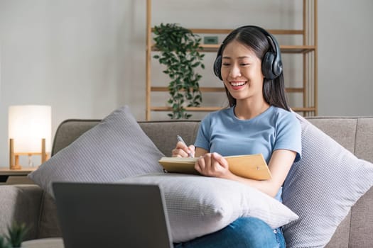 Asian girl student online learning class study online video call zoom teacher, Happy asian girl learn english language online with computer laptop....