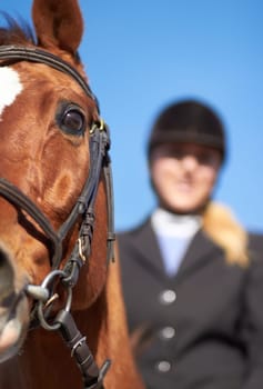 Horse, woman and closeup for horseriding ready to start sport, competition and training with rider. Outdoor, sun and woman with helmet riding horses in a show with female equestrian and animals.