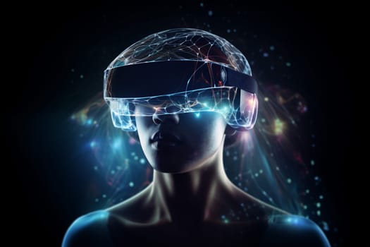 woman man concept technology line headset earth digital modern abstract human helmet touch network screen glasses virtual game hand business future. Generative AI.