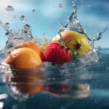 splash diet black drop agriculture fruit yellow banana vitamin strawberry grape food concept white healthy background green water orange nature fresh. Generative AI.